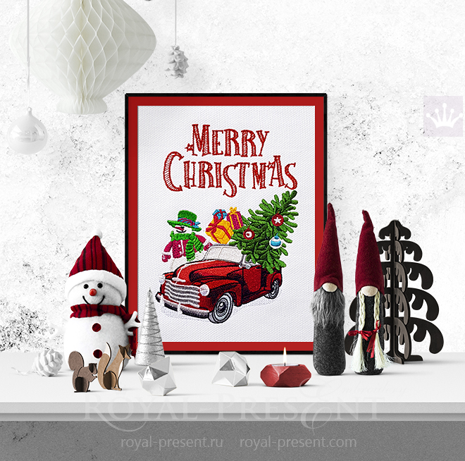 Дизайн машинной вышивки Новогодний Грузовик везет Елку - 5 размеров