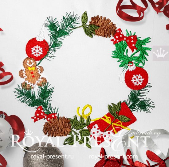 Дизайн машинной вышивки Новогодний венок с Пряником