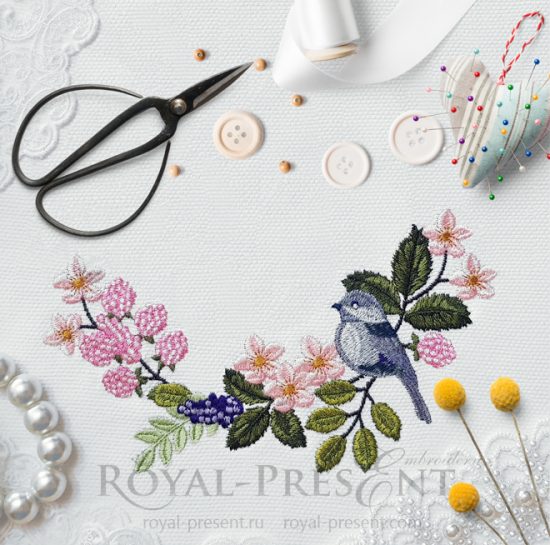 Дизайн машинной вышивки Воробушек на веточке