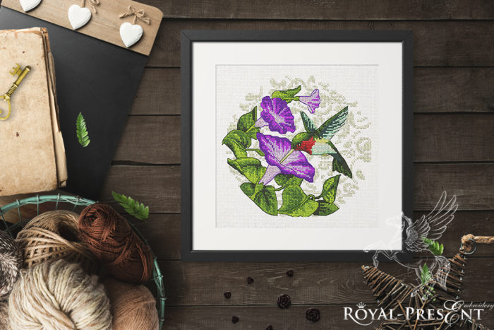 Дизайн машинной вышивки крестом Колибри и петунии
