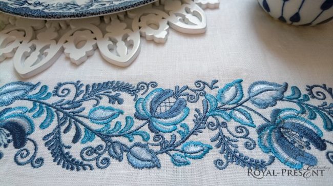 Дизайн машинной вышивки Цветочный Бордюр Гжель