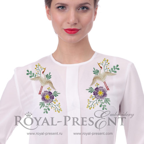 Дизайн машинной вышивки для горловины Журавль