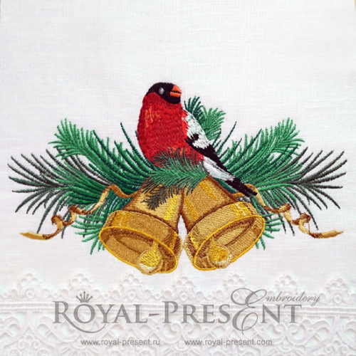 Дизайн машинной вышивки Снегирь и рождественские колокольчики