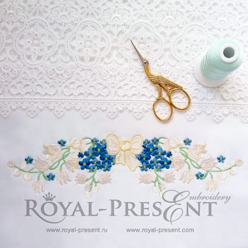 Дизайн машинной вышивки Ландыши и незабудки с бантом - 3 размера