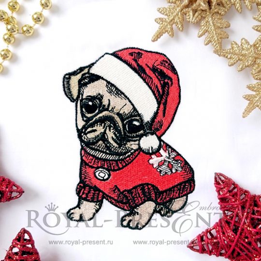 Дизайн машинной вышивки Новогодний щенок Мопса
