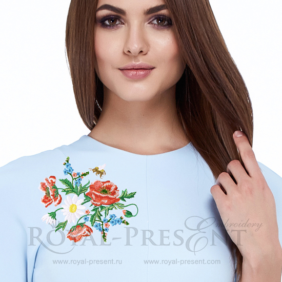 Дизайн машинной вышивки Летный букет с маками и ромашками - 3 размера