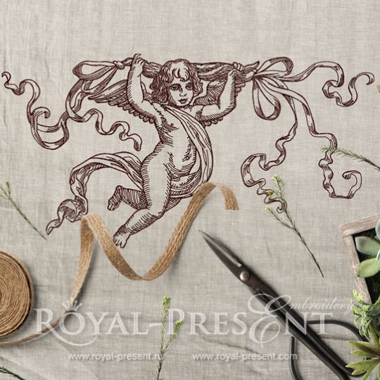 Дизайн машинной вышивки Купидон с лентами