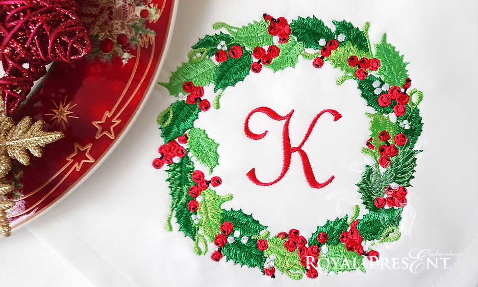 Новогодний дизайн машинной вышивки Рождественский венок с ягодами