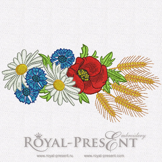 Горизонтальный Дизайн машинной вышивки Маки в летнем букете
