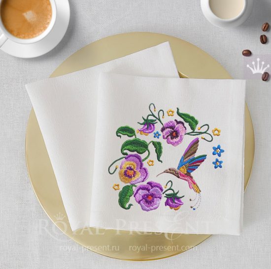 Дизайн машинной вышивки Анютины глазки и колибри