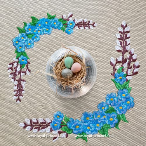 Угловой дизайн машинной вышивки Верба и незабудки