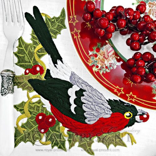 Дизайн машинной вышивки Снегирь с ягодами - 3 размера