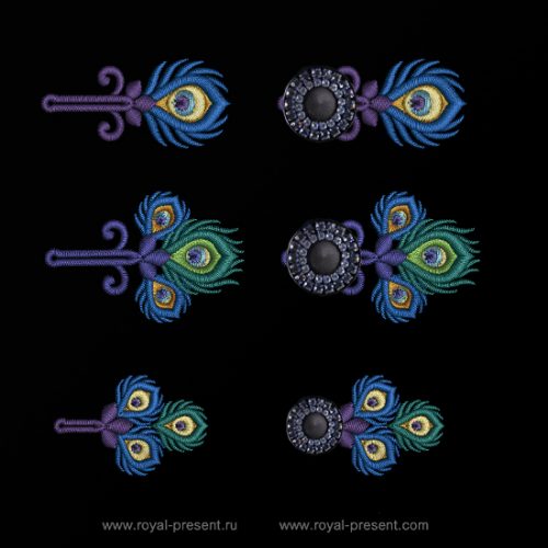Три дизайна машинной вышивки Петли для пуговиц Павлин