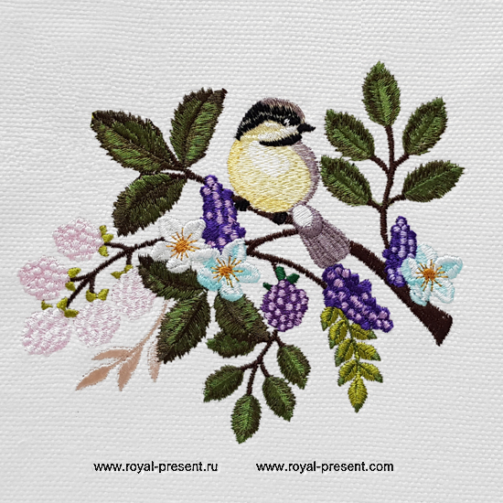 Синичка на веточке Дизайн машинной вышивки - 4 размера