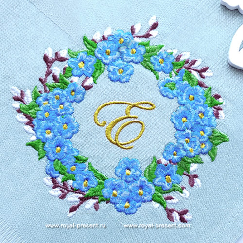 Венок незабудок и вербы дизайн машинной вышивки